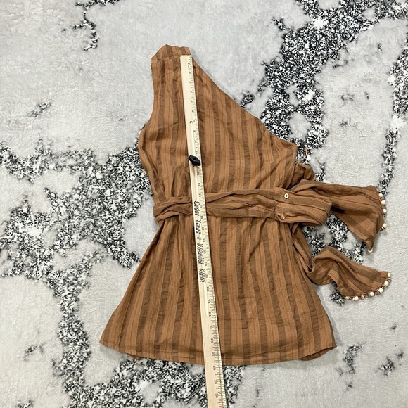 Zara One Shoulder Top NWT Striped Brown Tie Waist Beaded Sleeve Womens Sz XS - Picture 2 of 10